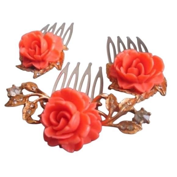 Bridal Spring Rose Hair Combs Coral Floral Statement Accessories NWT - Picture 3 of 3